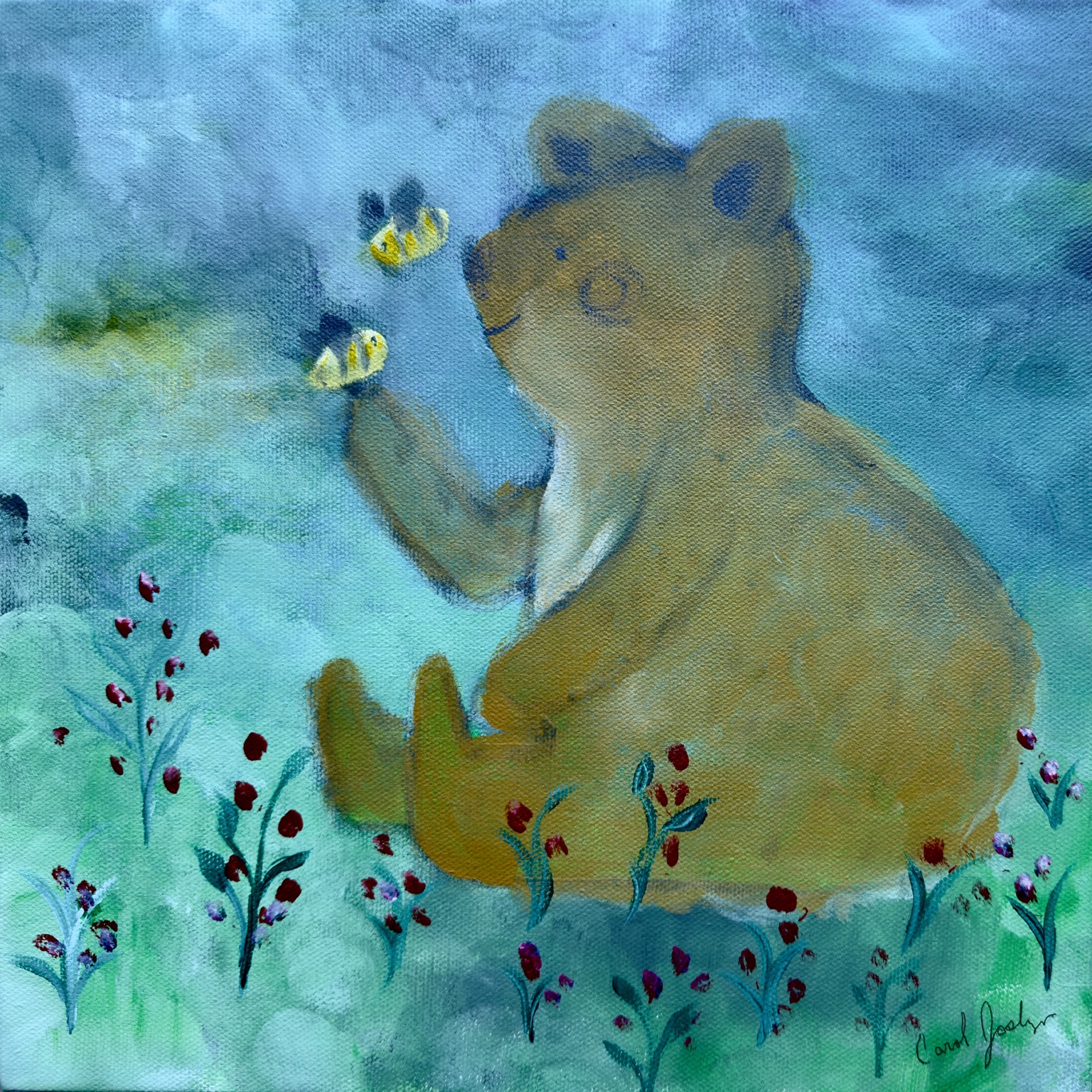 A bear greeting two bees in a field of flowers, painted by Carol.