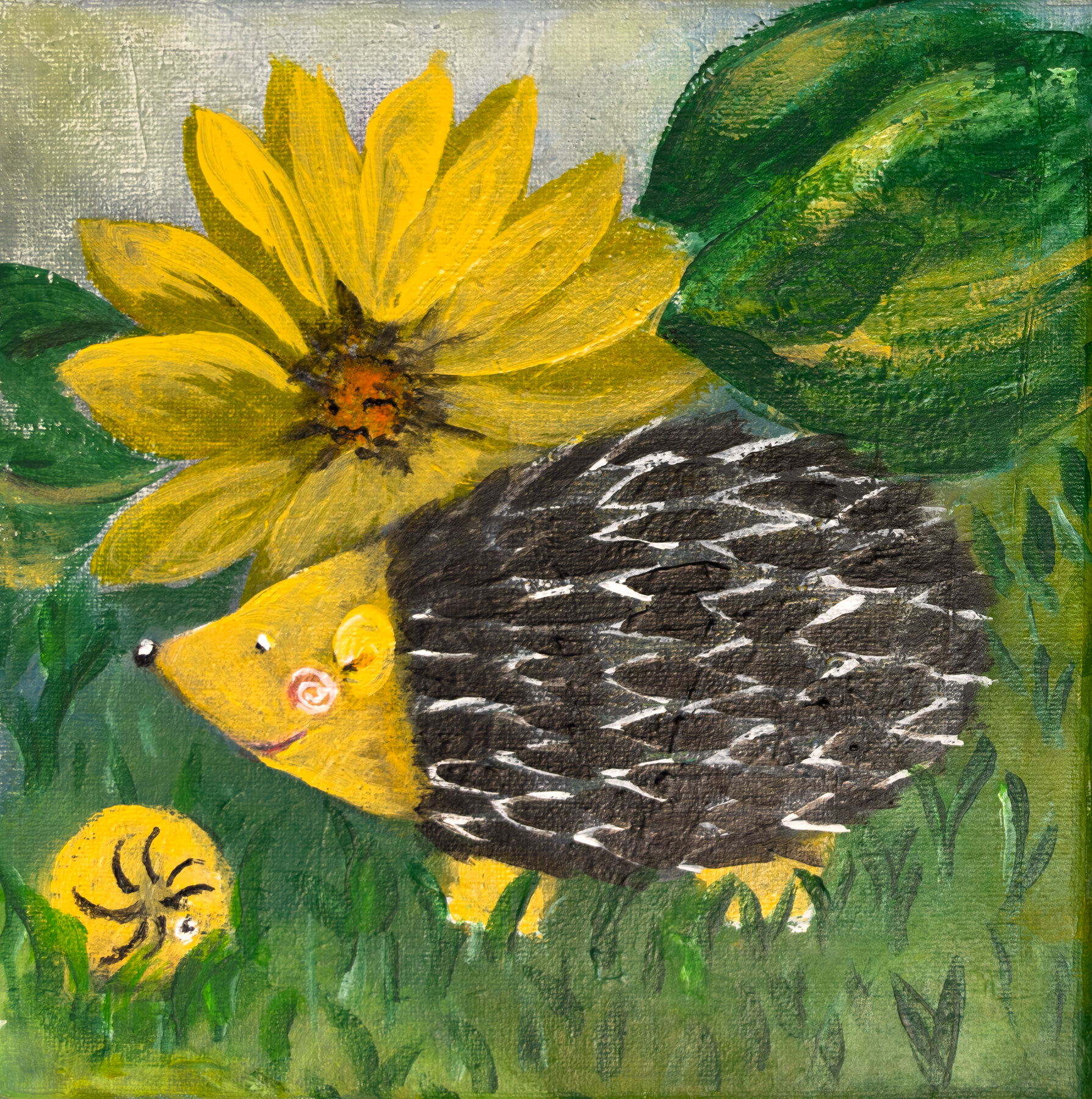 A hedgehog meets a snail beneath a large yellow flower and green leaves.