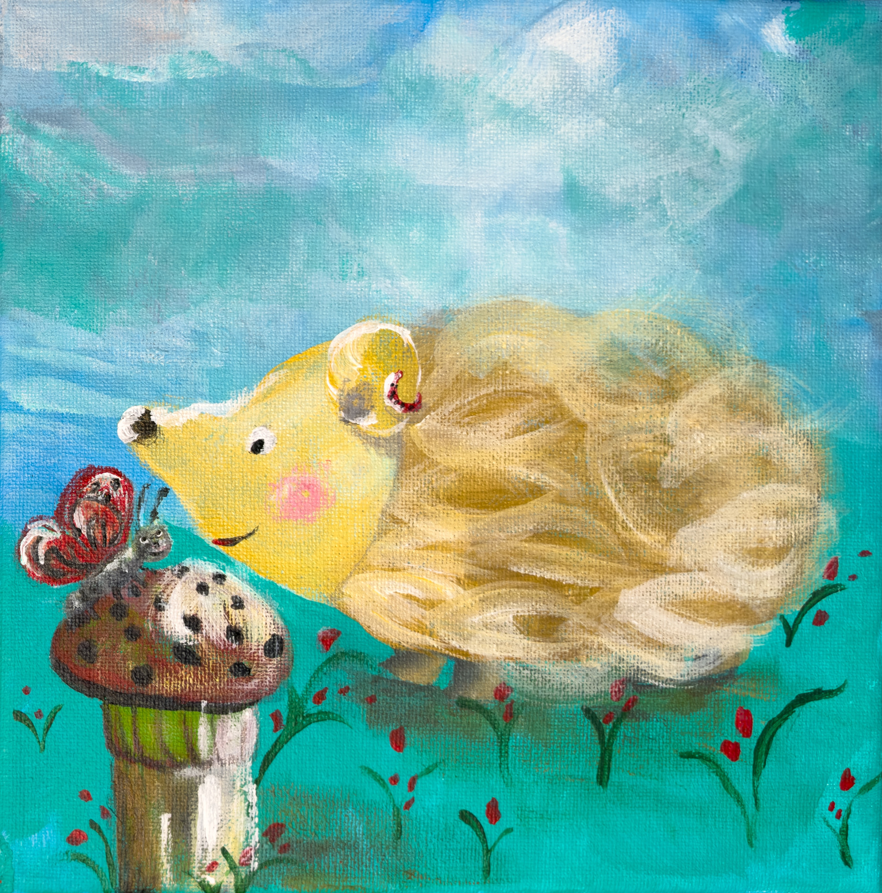 A golden hedgehog greets a butterfly perched on a spotted mushroom among small red flowers.